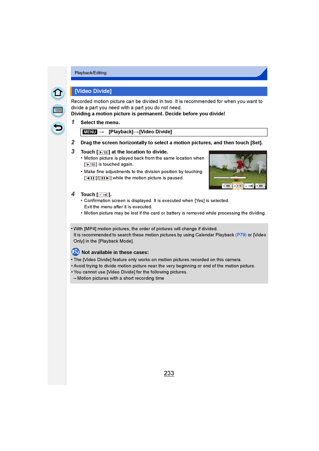 Panasonic DMC-G6 owner manual 233, Video Divide, Touch at the location to divide 