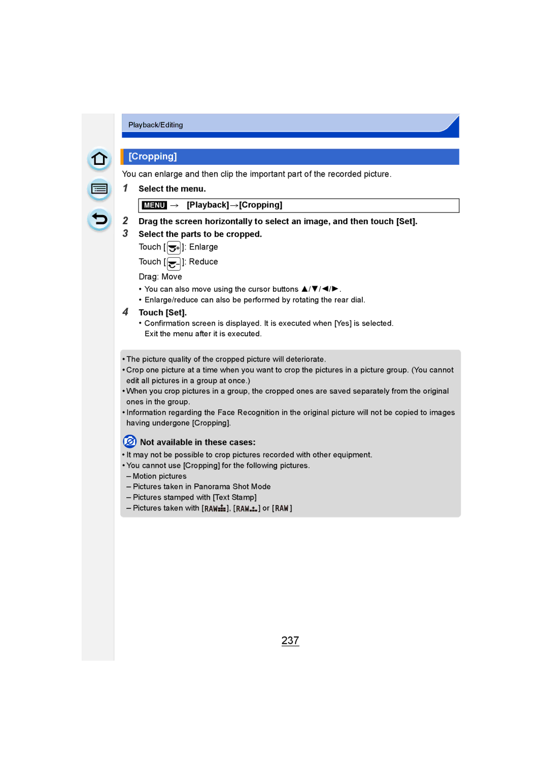 Panasonic DMC-G6 owner manual 237, Cropping, Touch Enlarge Touch Reduce Drag Move 