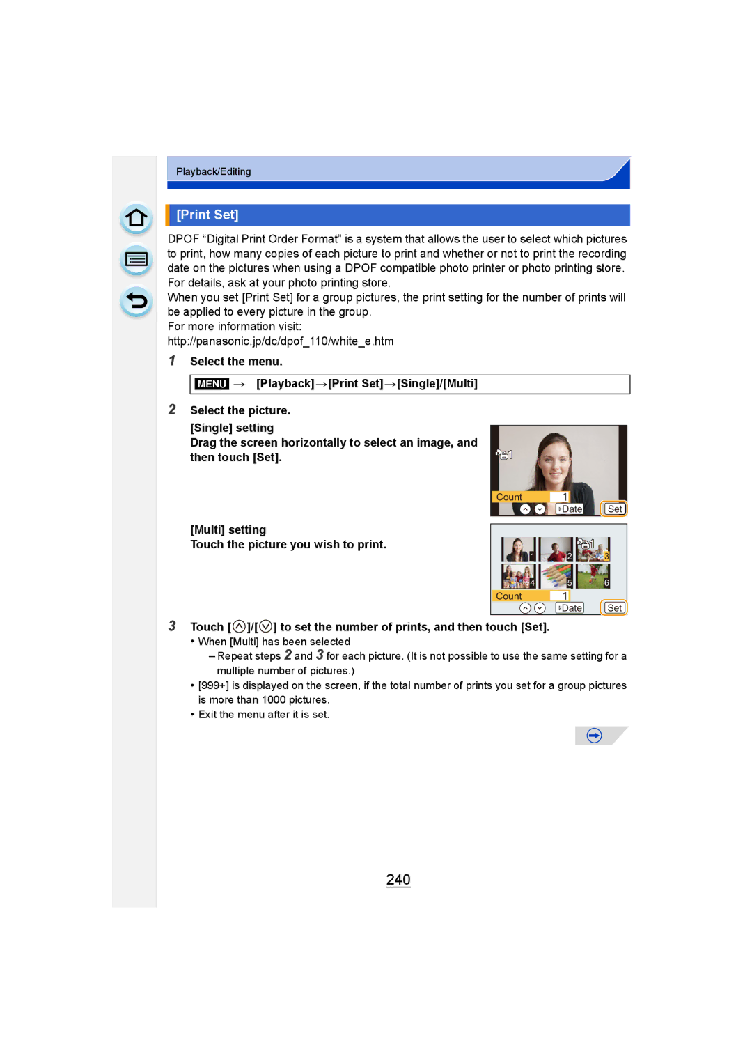 Panasonic DMC-G6 owner manual 240, Print Set, Touch / to set the number of prints, and then touch Set 