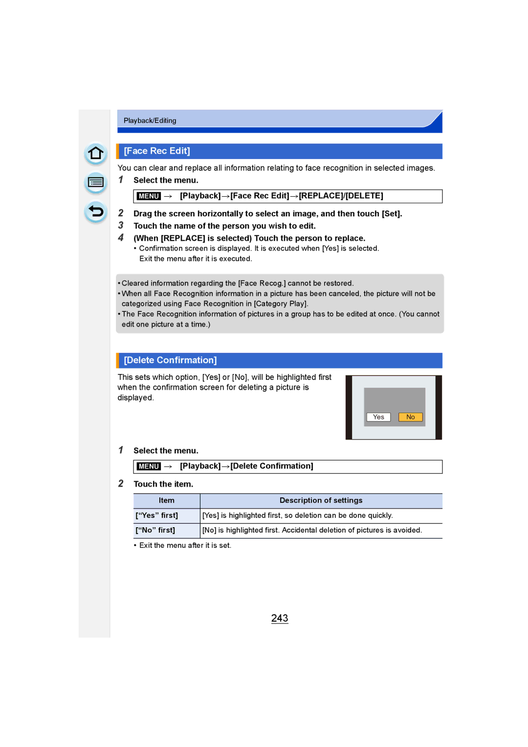 Panasonic DMC-G6 owner manual 243, Face Rec Edit, Delete Confirmation 