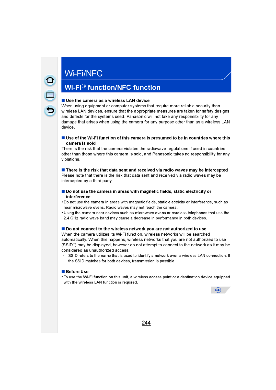 Panasonic DMC-G6 owner manual Wi-FiRfunction/NFC function, 244, Use the camera as a wireless LAN device, Before Use 