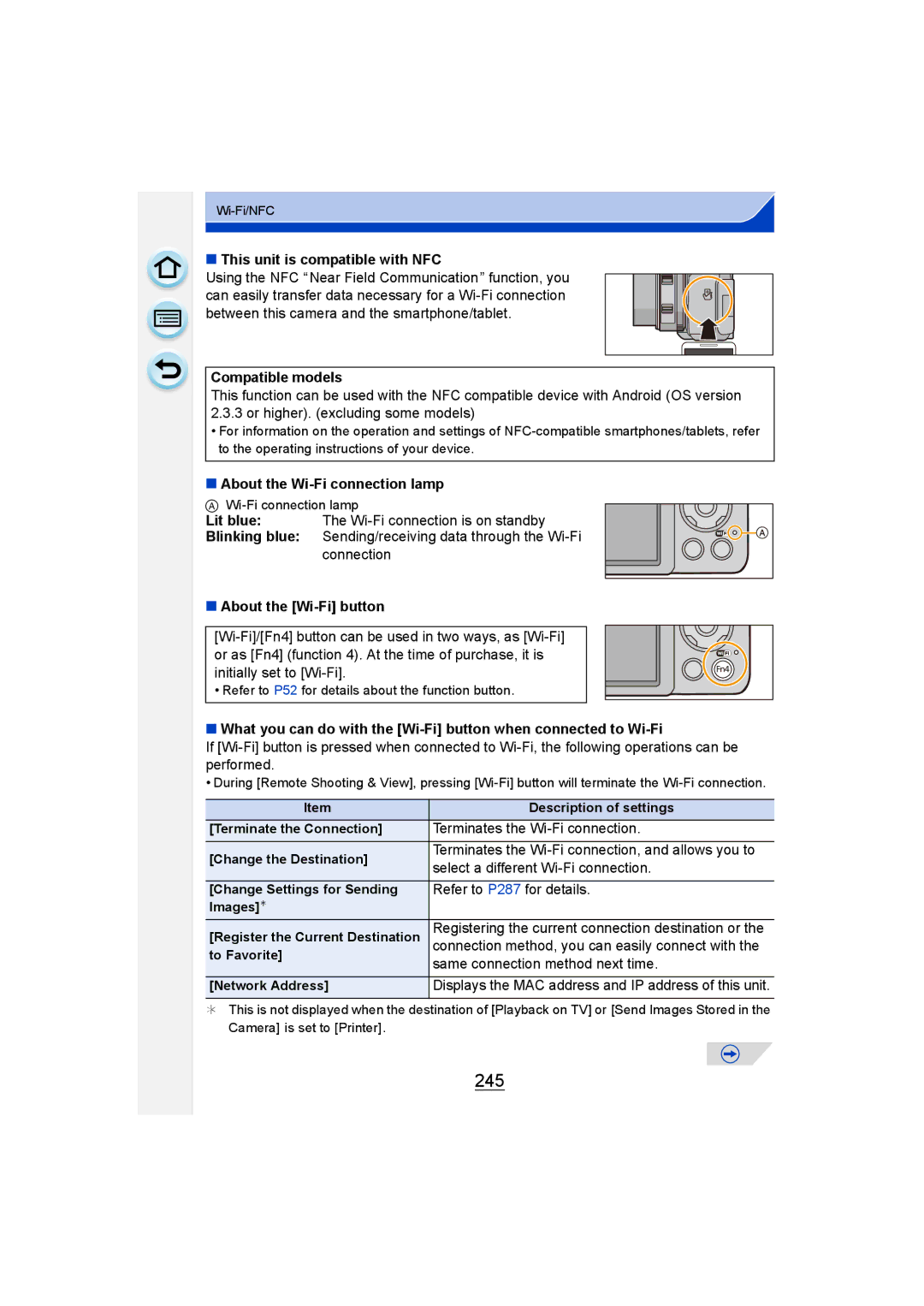 Panasonic DMC-G6 owner manual 245, This unit is compatible with NFC, Compatible models, About the Wi-Fi connection lamp 