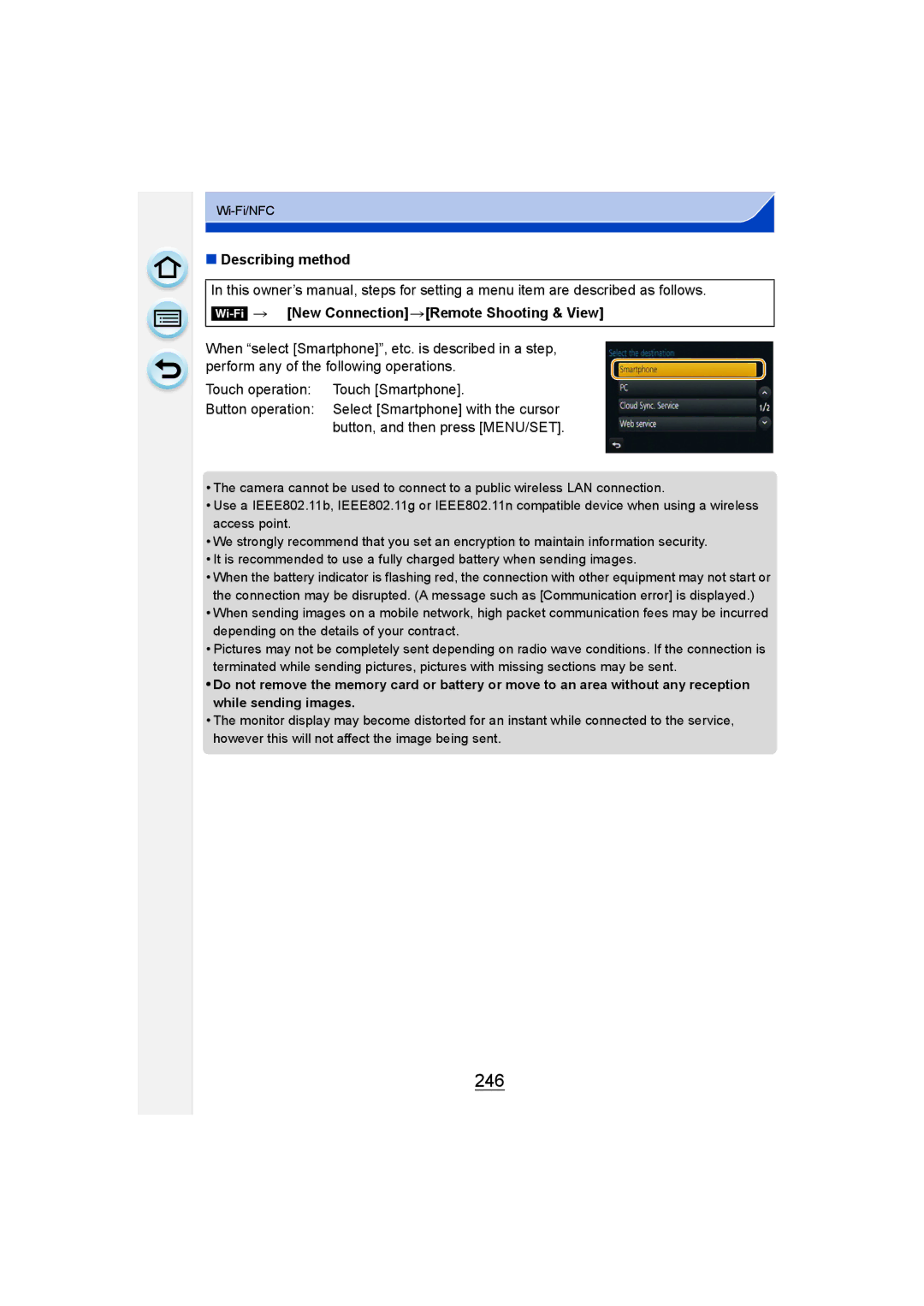 Panasonic DMC-G6 owner manual 246, Describing method Wi-Fi New ConnectionRemote Shooting & View 