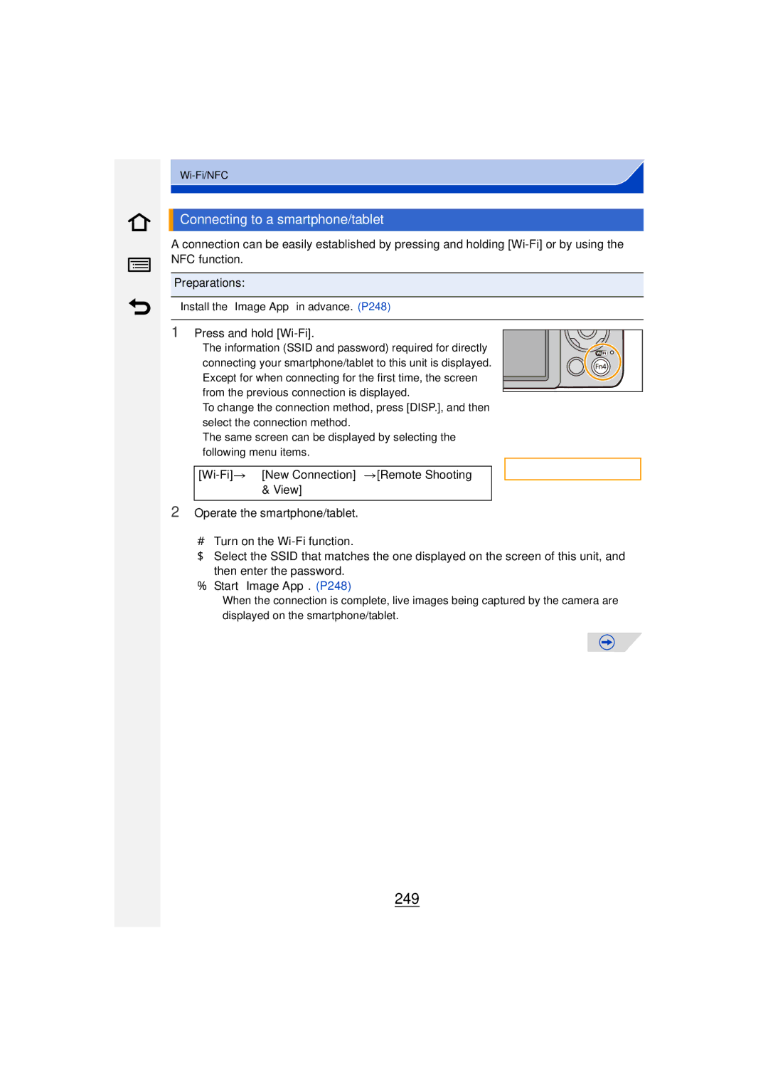 Panasonic DMC-G6 owner manual 249, Connecting to a smartphone/tablet, Press and hold Wi-Fi 