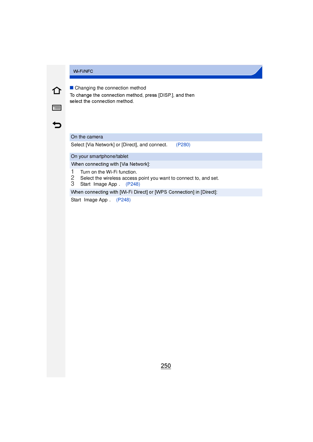 Panasonic DMC-G6 owner manual 250, Changing the connection method, When connecting with Via Network 