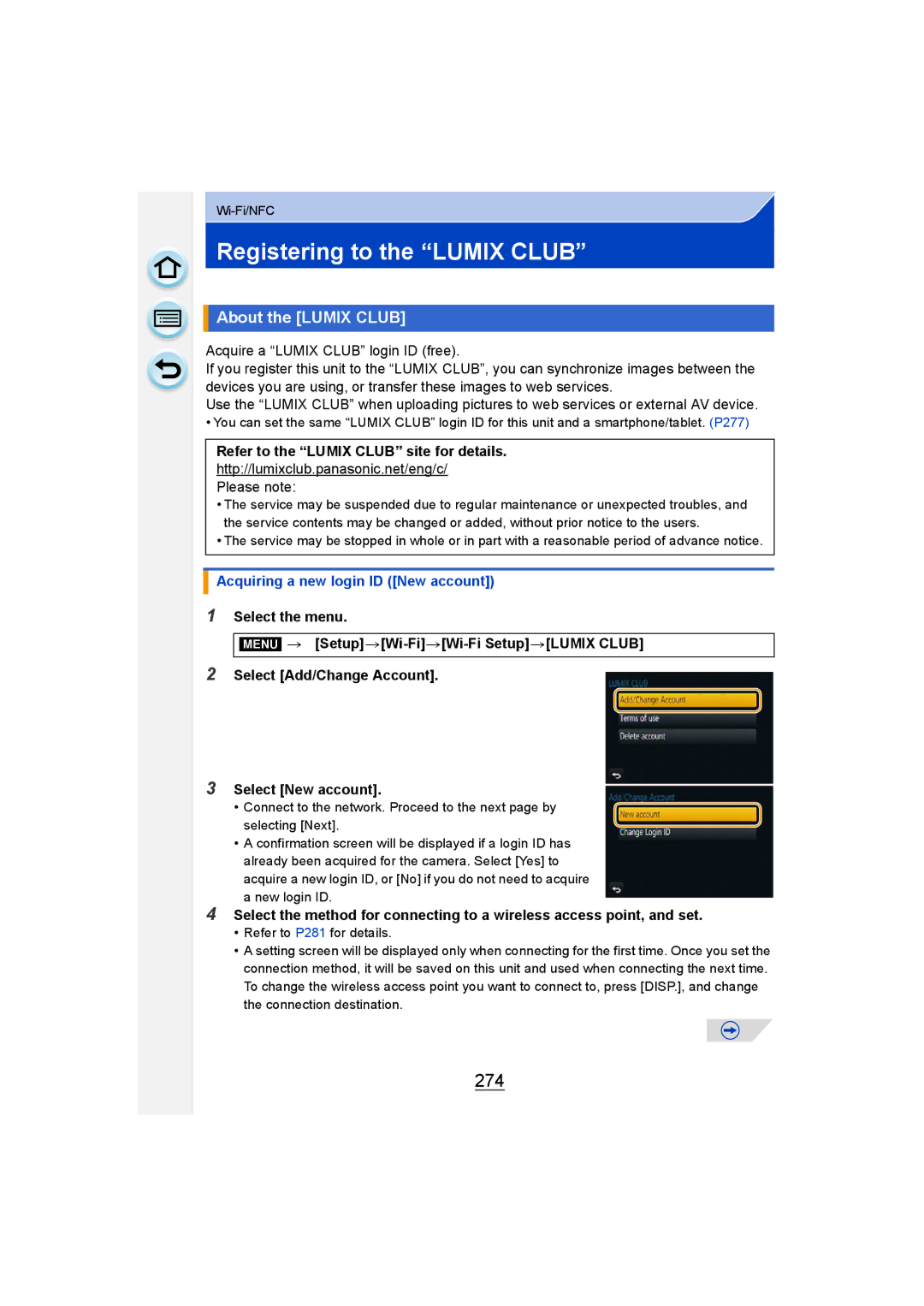 Panasonic DMC-G6 Registering to the Lumix Club, 274, About the Lumix Club, Refer to the Lumix Club site for details 