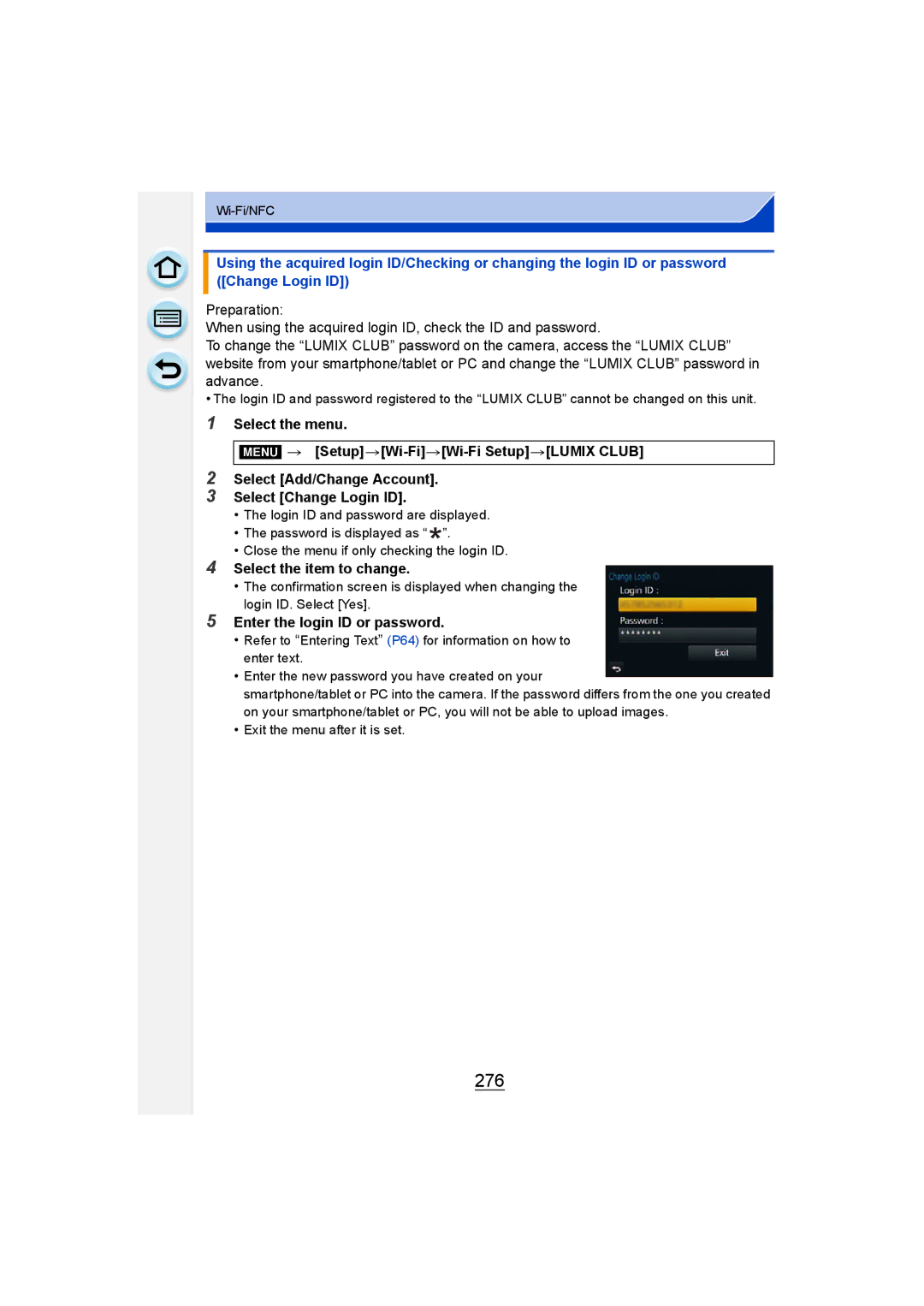 Panasonic DMC-G6 owner manual 276, Select the item to change, Enter the login ID or password 