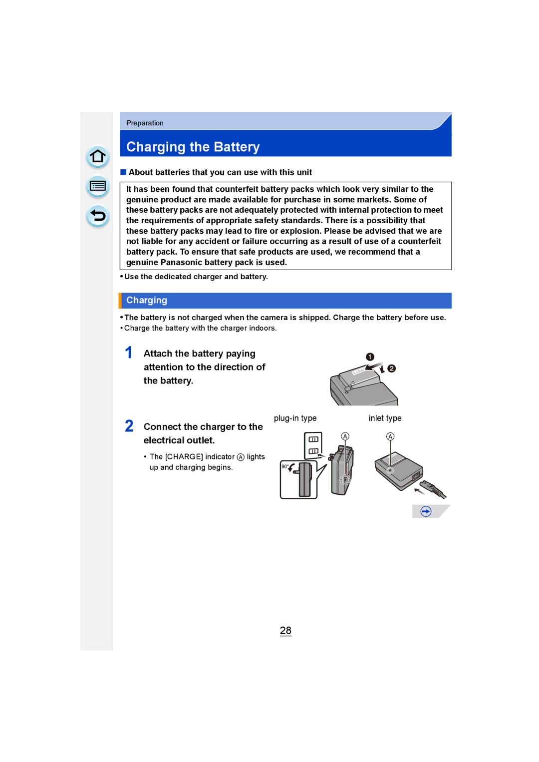 Panasonic DMC-G6 owner manual Charging the Battery, Connect the charger to the electrical outlet, Plug-in type Inlet type 