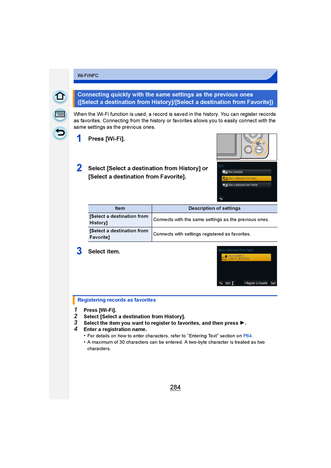 Panasonic DMC-G6 owner manual 284, Press Wi-Fi, Select item, Registering records as favorites 