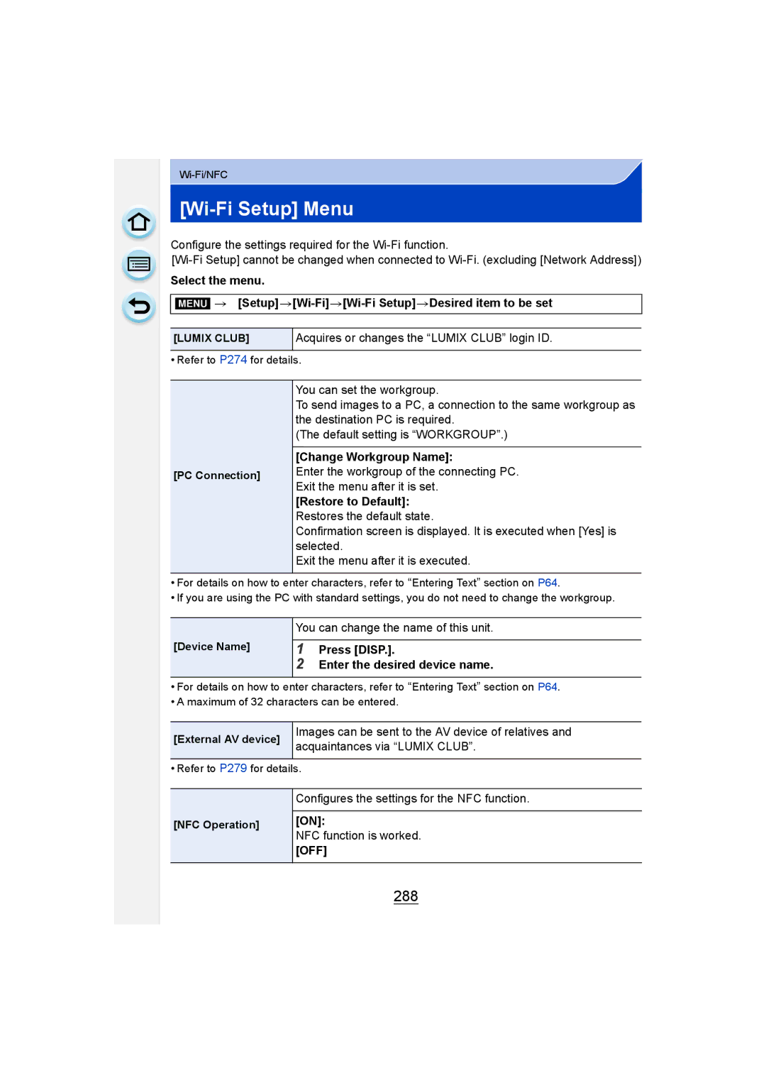 Panasonic DMC-G6 owner manual Wi-Fi Setup Menu, 288 