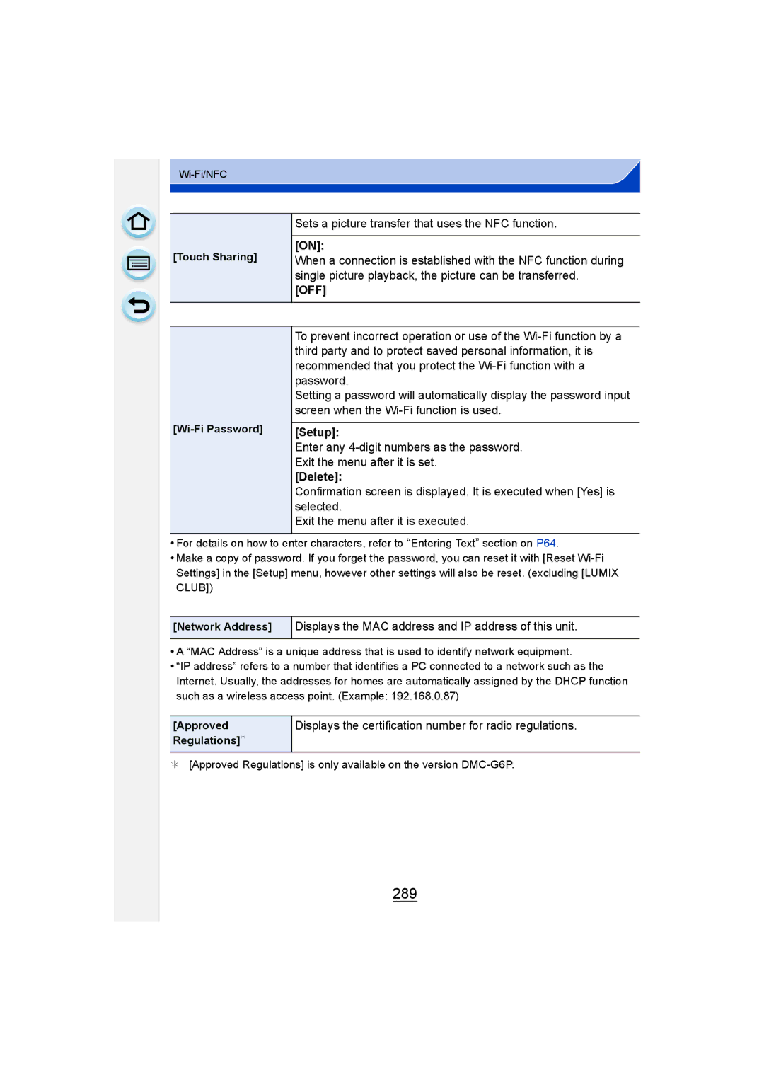 Panasonic DMC-G6 owner manual 289, Delete, Displays the MAC address and IP address of this unit 