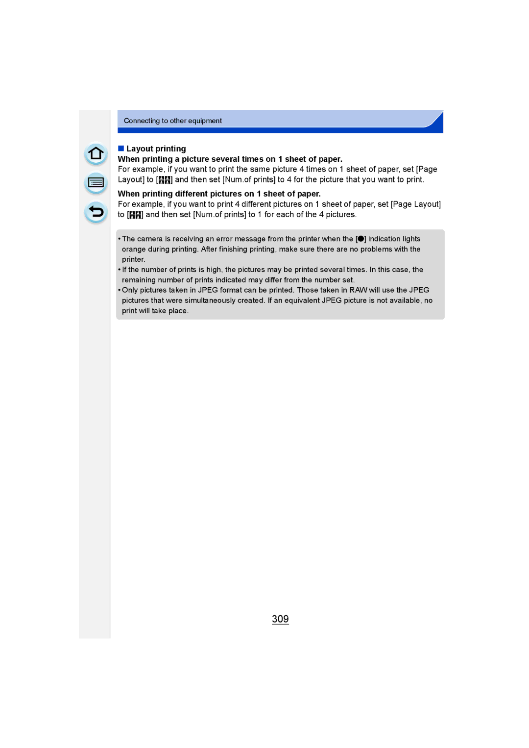 Panasonic DMC-G6 owner manual 309, When printing different pictures on 1 sheet of paper 