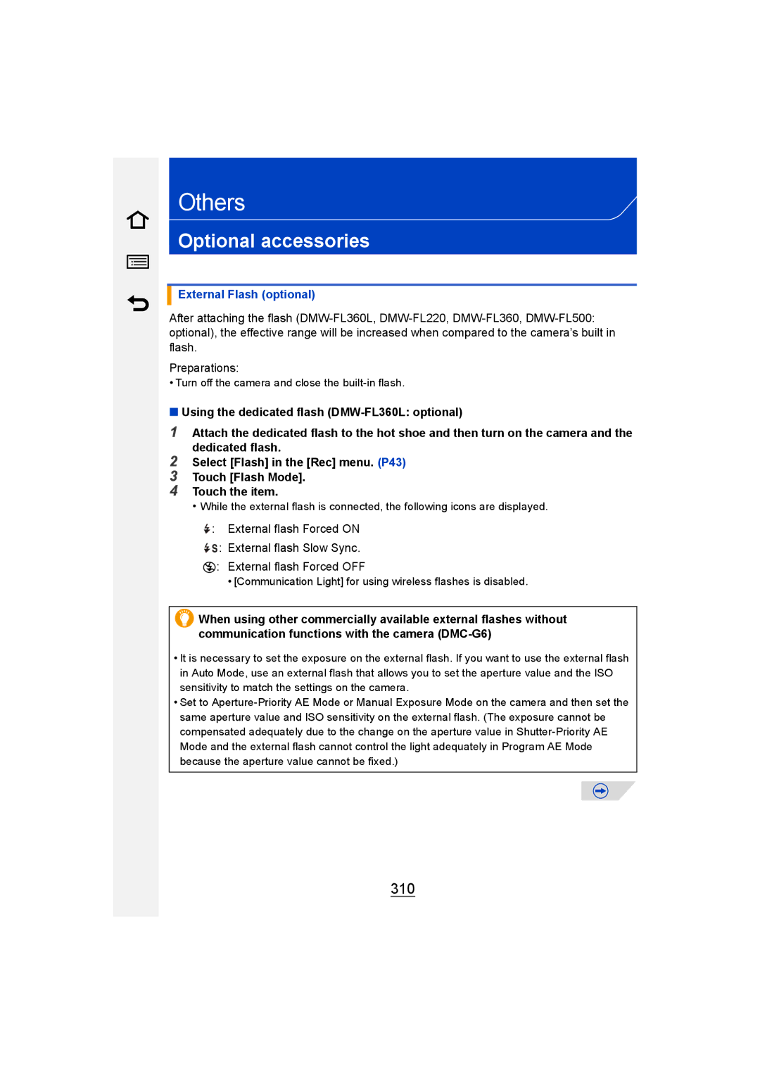 Panasonic DMC-G6 owner manual Optional accessories, 310, External Flash optional 