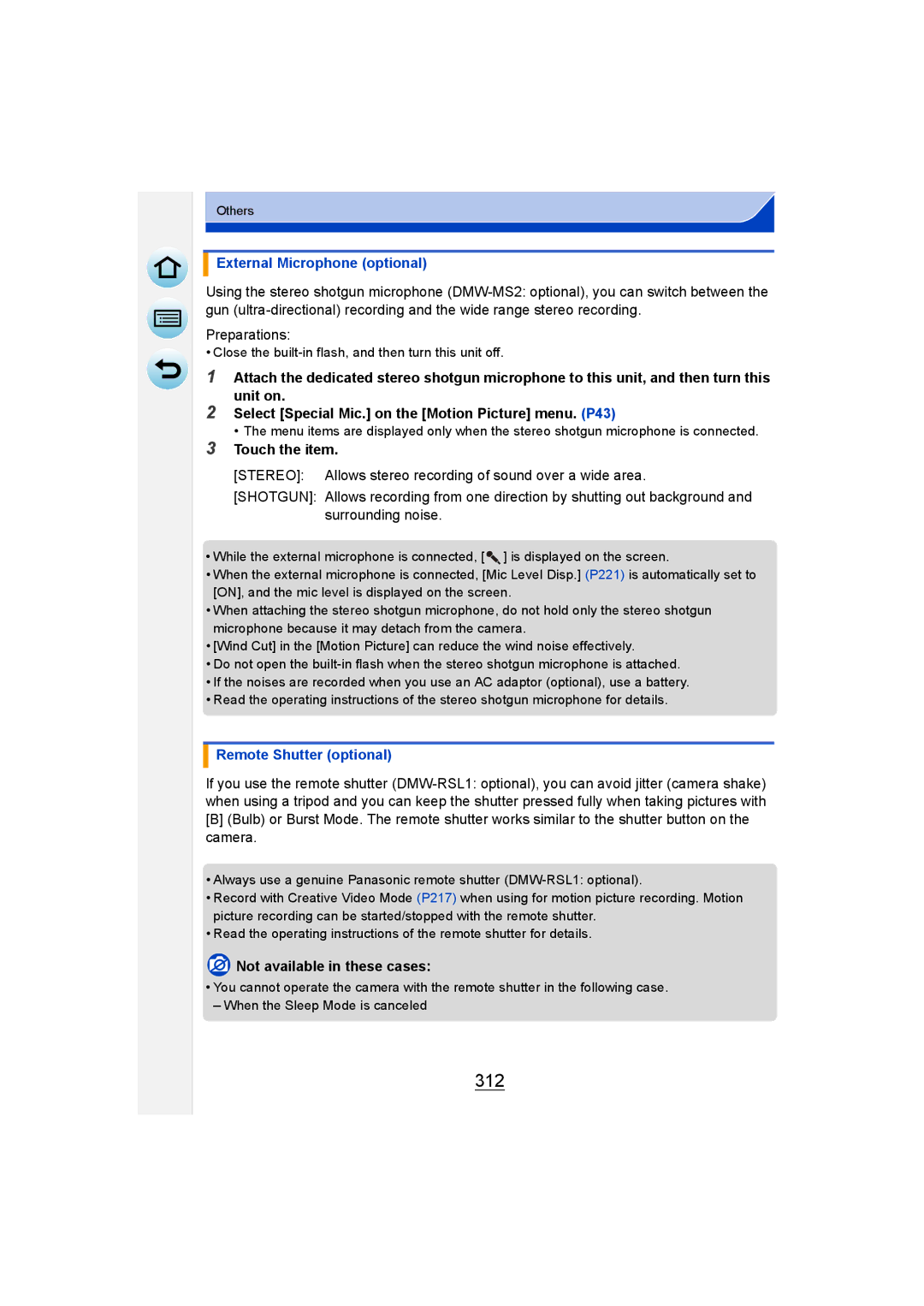 Panasonic DMC-G6 owner manual 312, External Microphone optional, Remote Shutter optional 