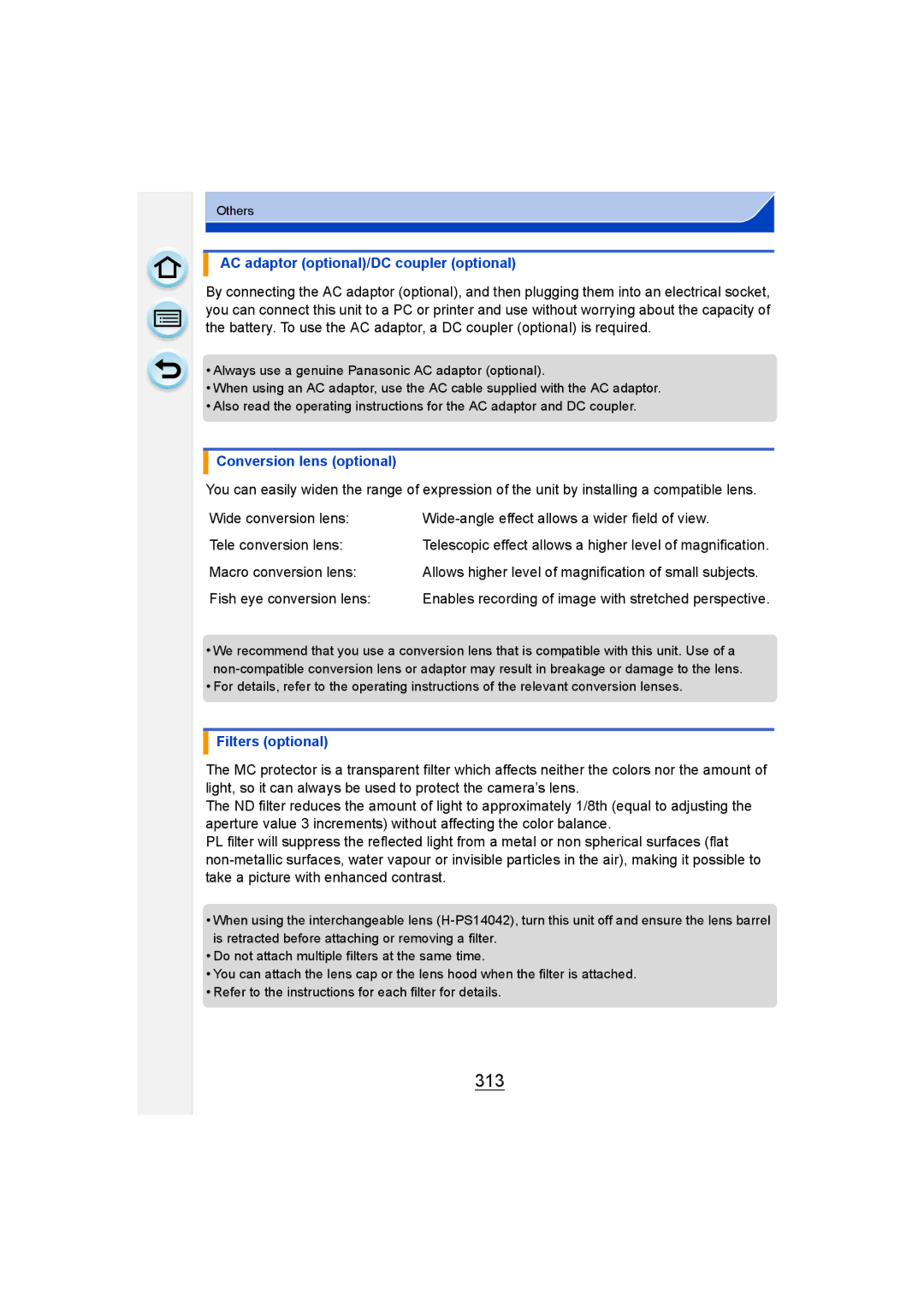 Panasonic DMC-G6 owner manual 313, AC adaptor optional/DC coupler optional, Conversion lens optional, Filters optional 