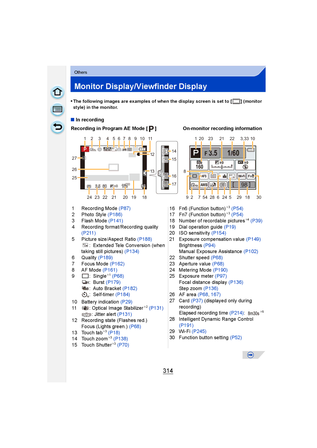 Panasonic DMC-G6 owner manual Monitor Display/Viewfinder Display, 314, Recording Recording in Program AE Mode 