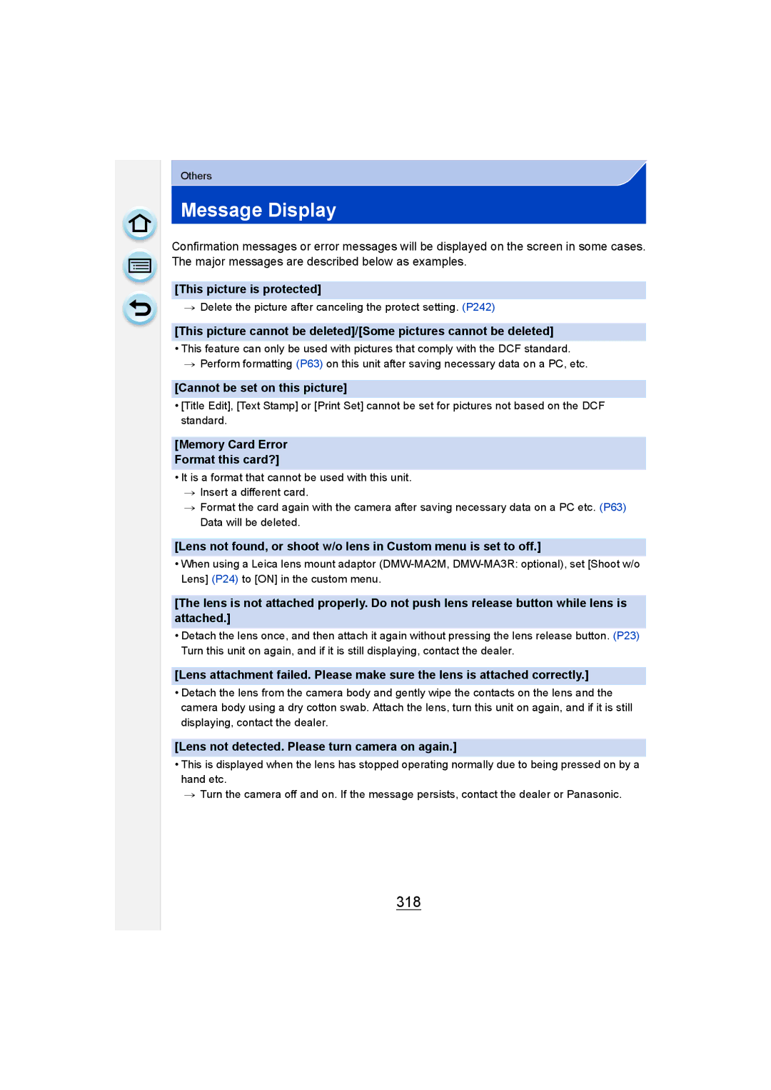 Panasonic DMC-G6 owner manual Message Display, 318, This picture is protected, Cannot be set on this picture 