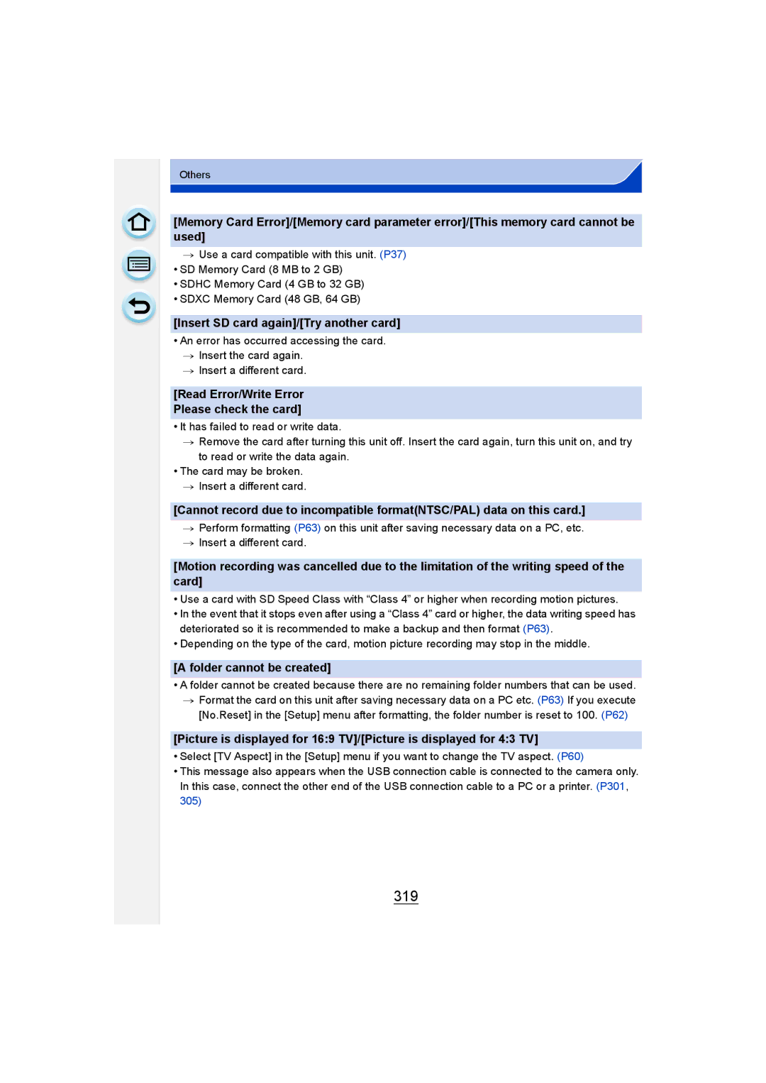 Panasonic DMC-G6 owner manual 319, Insert SD card again/Try another card, Folder cannot be created 