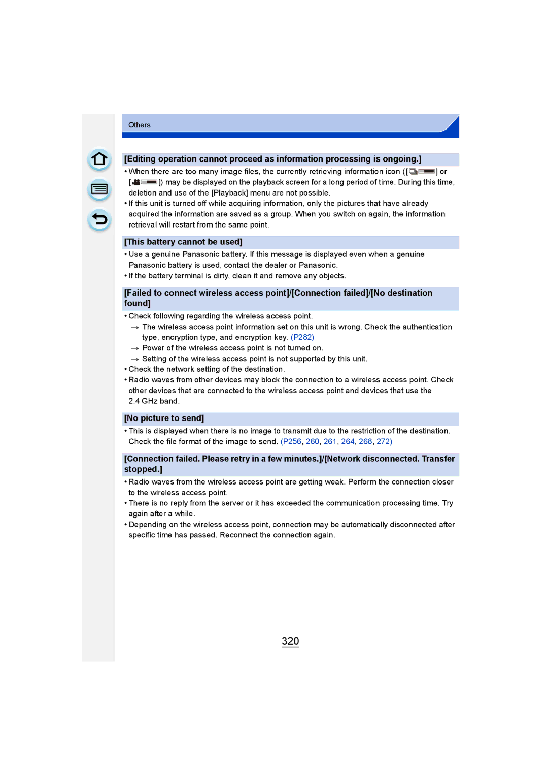 Panasonic DMC-G6 owner manual 320, This battery cannot be used, No picture to send 