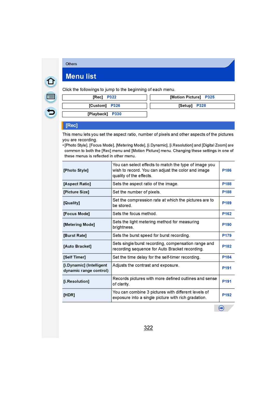 Panasonic DMC-G6 owner manual Menu list, 322, Rec 