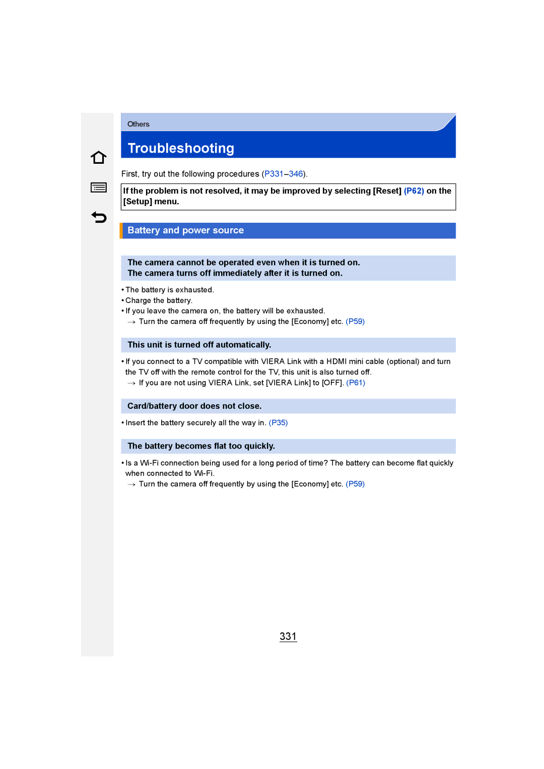 Panasonic DMC-G6 owner manual Troubleshooting, 331, Battery and power source 