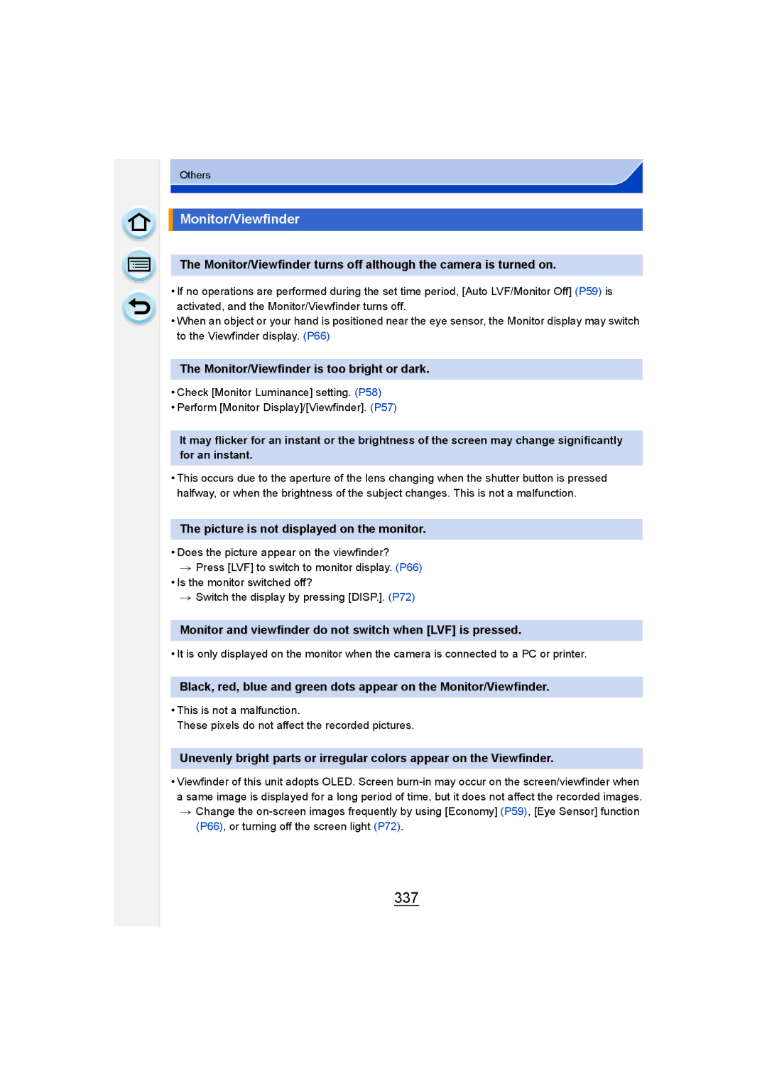 Panasonic DMC-G6 owner manual 337, Monitor/Viewfinder is too bright or dark, Picture is not displayed on the monitor 