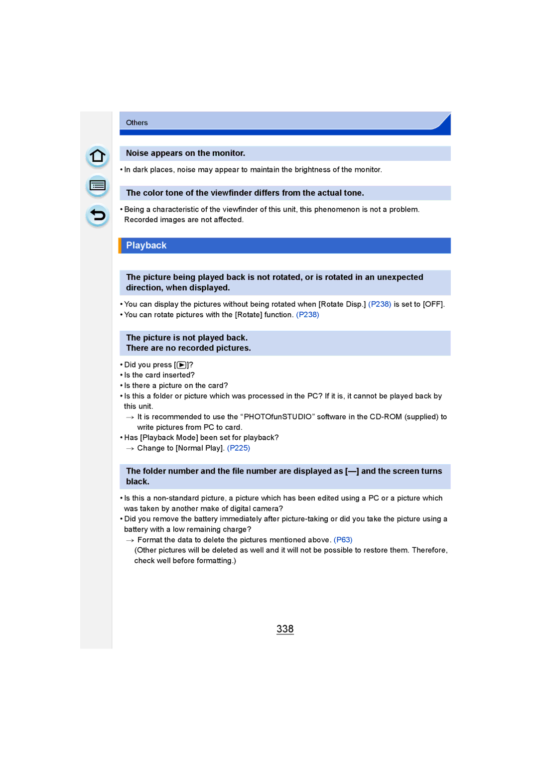 Panasonic DMC-G6 owner manual 338, Noise appears on the monitor, Color tone of the viewfinder differs from the actual tone 