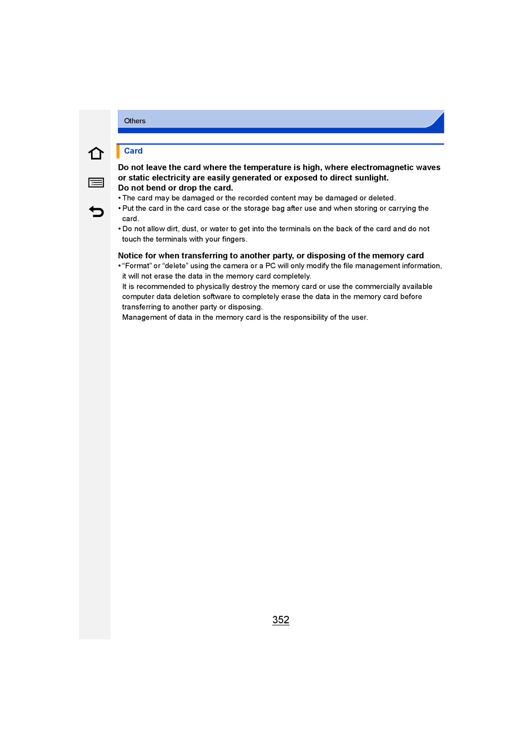 Panasonic DMC-G6 owner manual 352, Card, Do not bend or drop the card 