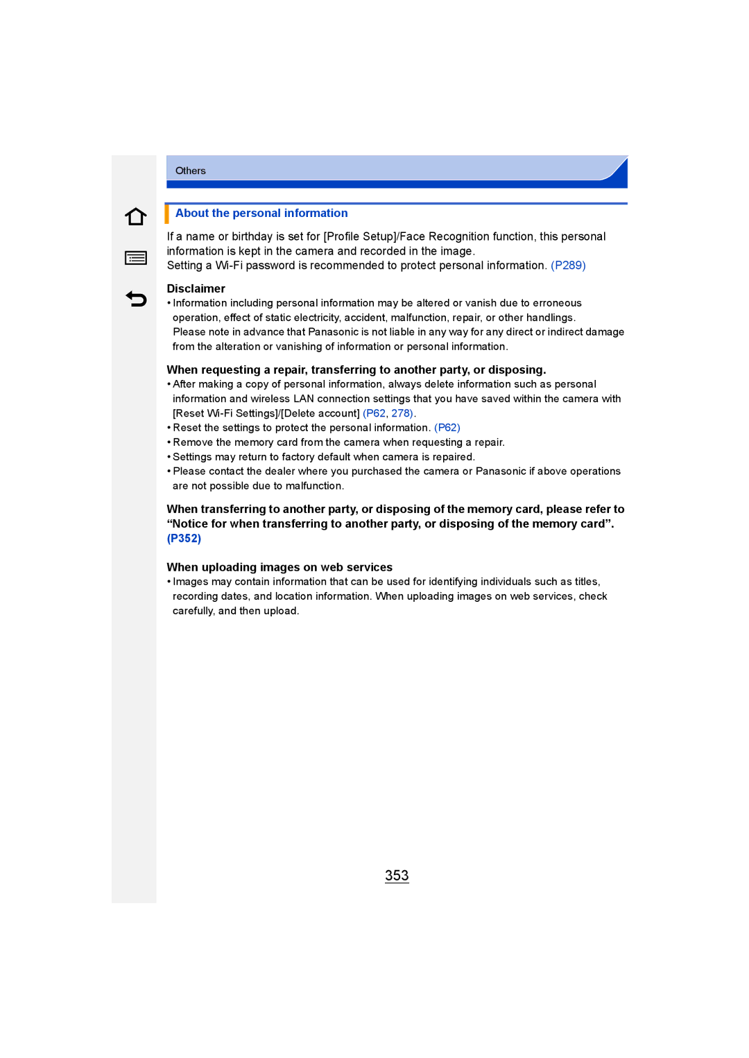 Panasonic DMC-G6 owner manual 353, About the personal information, Disclaimer 