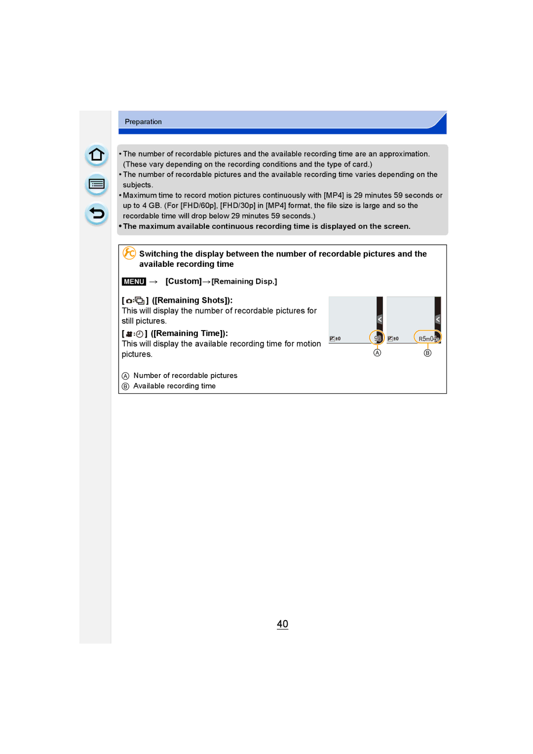 Panasonic DMC-G6 owner manual Remaining Time, Menu CustomRemaining Disp 