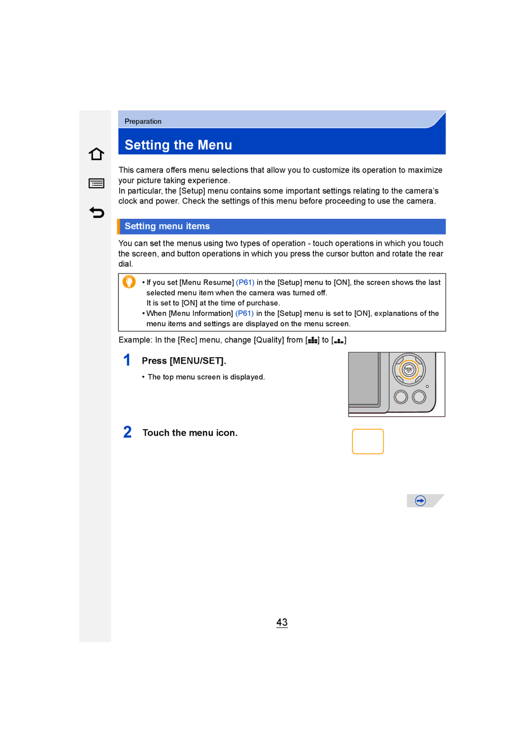 Panasonic DMC-G6 owner manual Setting the Menu, Setting menu items, Press MENU/SET, Touch the menu icon 