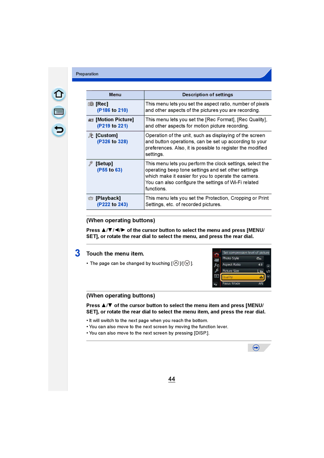 Panasonic DMC-G6 owner manual When operating buttons, Touch the menu item 