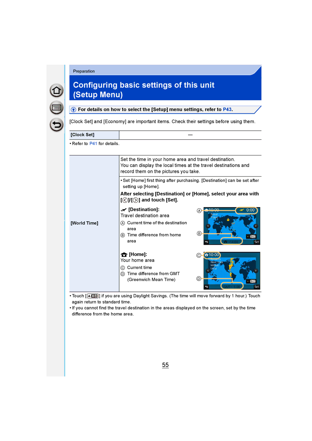 Panasonic DMC-G6 Configuring basic settings of this unit Setup Menu, Destination Travel destination area, Clock Set 