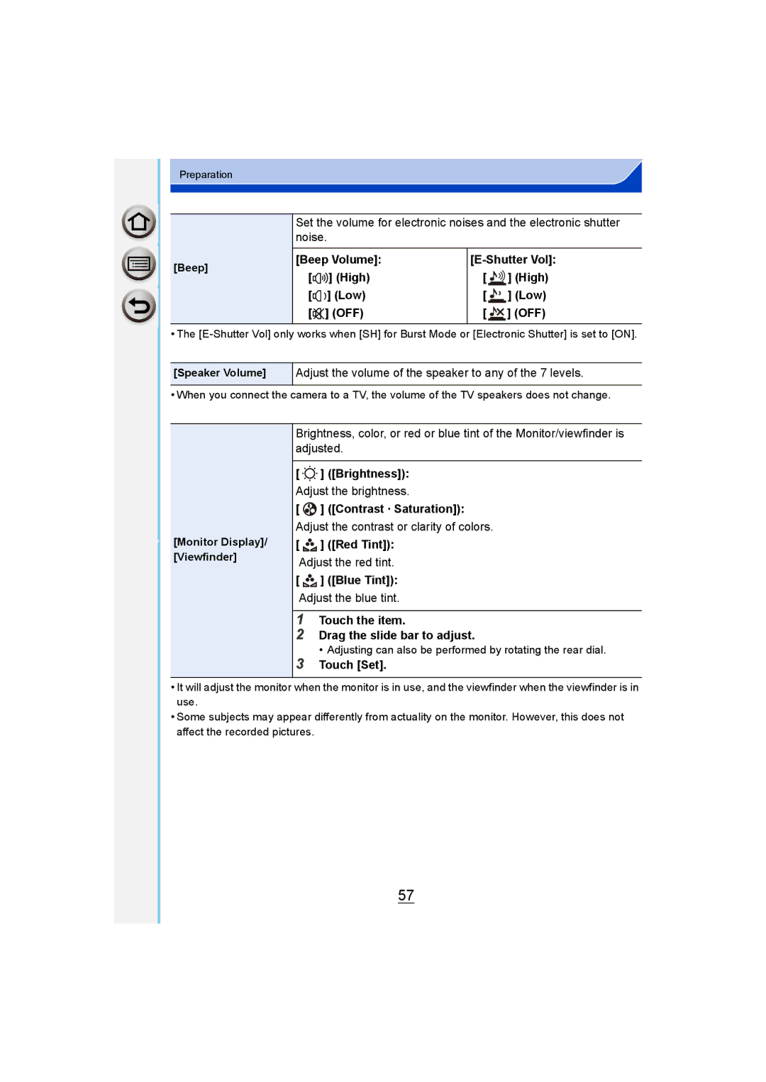 Panasonic DMC-G6 Beep Volume Shutter Vol High Low OFF, Brightness, Contrast · Saturation, Red Tint, Blue Tint, Touch Set 