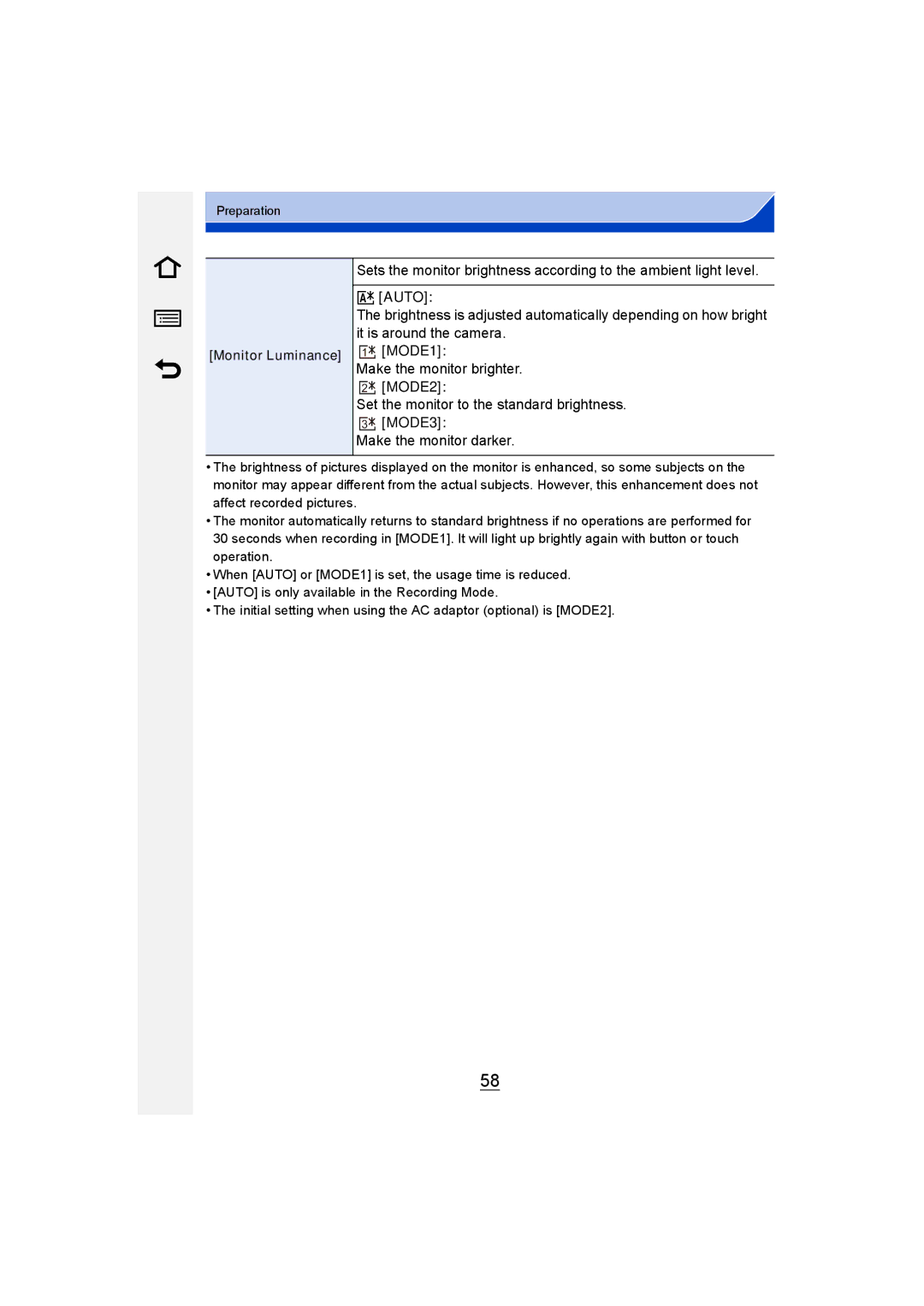 Panasonic DMC-G6 owner manual „ Auto, …1 MODE1, …3 MODE3, Make the monitor darker, Monitor Luminance 