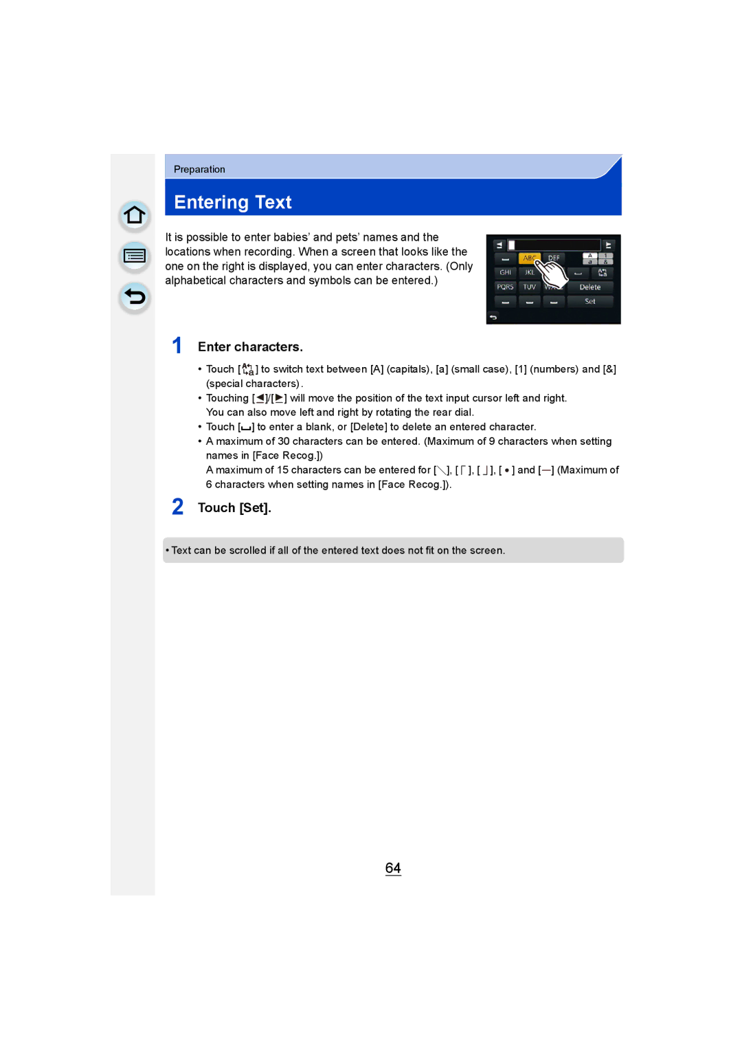 Panasonic DMC-G6 owner manual Entering Text, Enter characters, Touch Set 