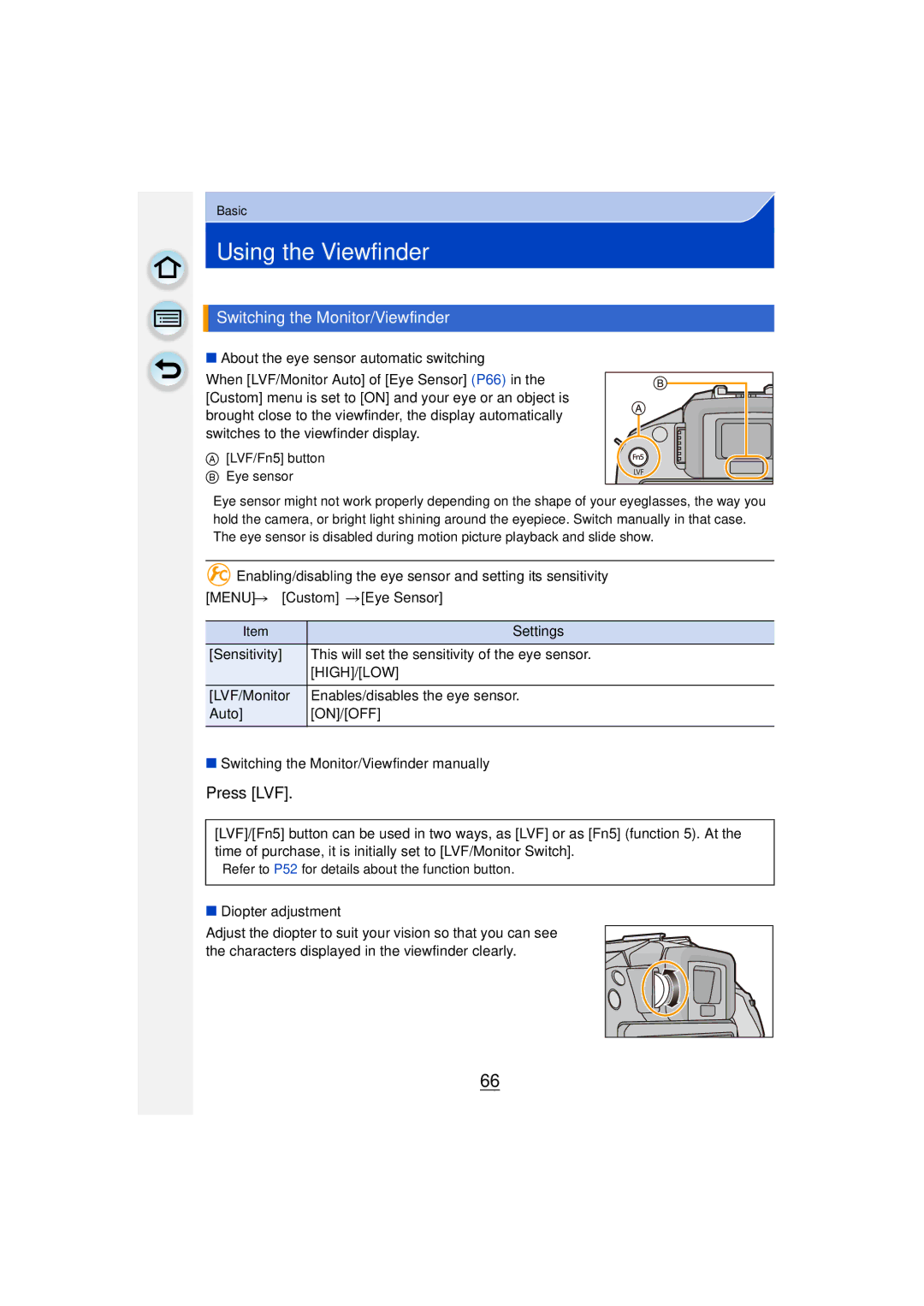 Panasonic DMC-G6 owner manual Using the Viewfinder, Switching the Monitor/Viewfinder, Press LVF, Diopter adjustment 