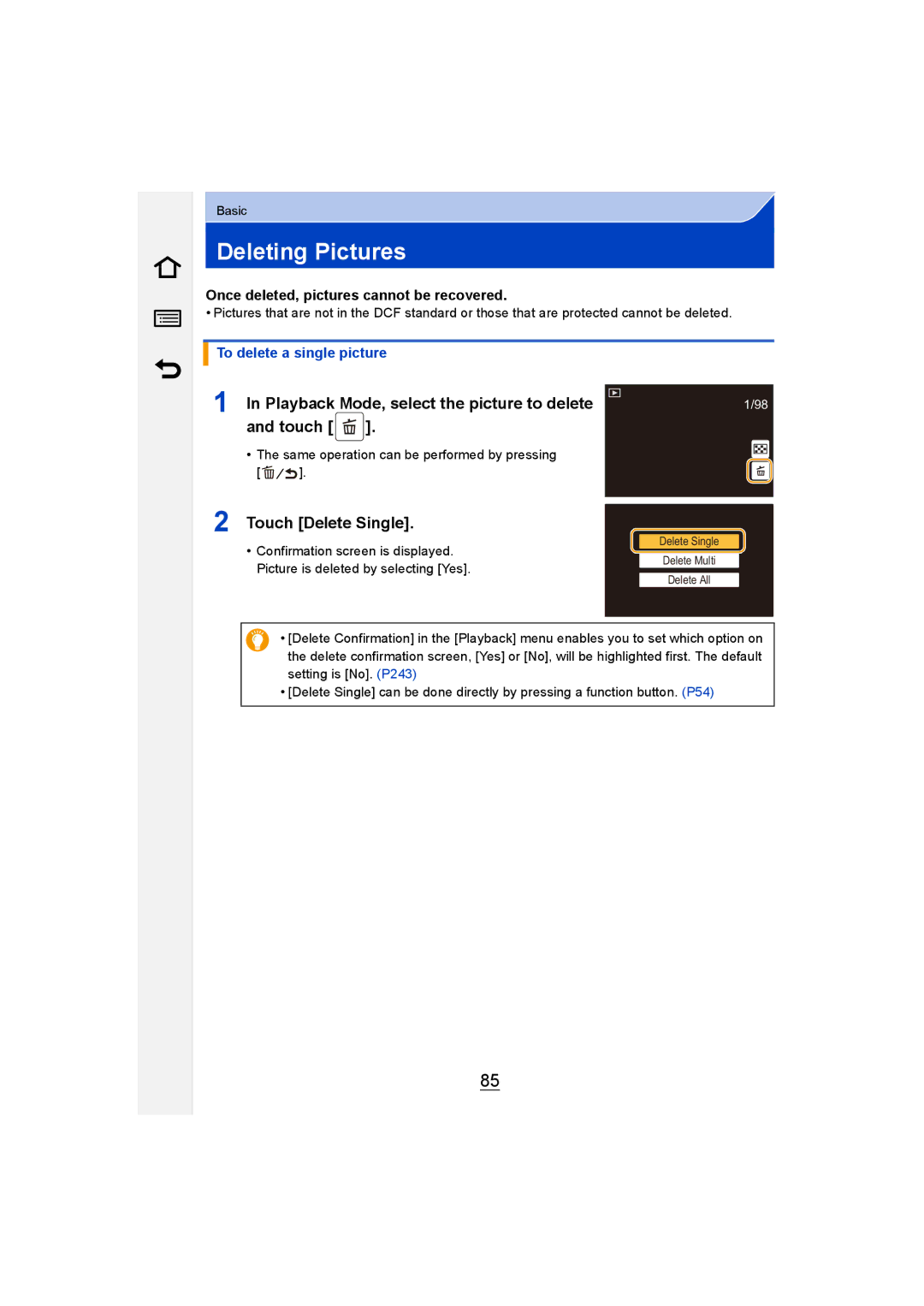 Panasonic DMC-G6 owner manual Deleting Pictures, Playback Mode, select the picture to delete and touch, Touch Delete Single 