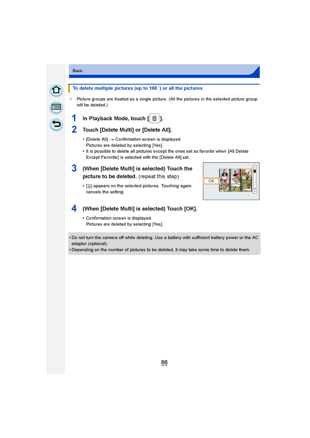 Panasonic DMC-G6 owner manual Playback Mode, touch Touch Delete Multi or Delete All, When Delete Multi is selected Touch OK 