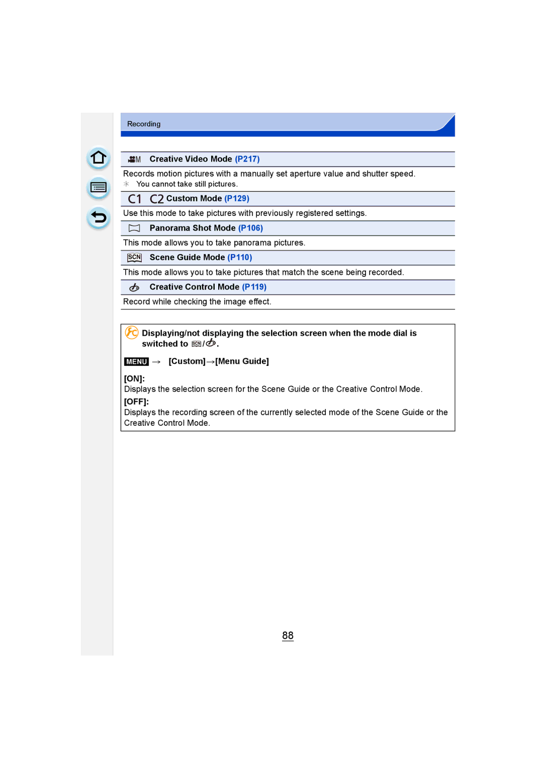 Panasonic DMC-G6 owner manual Creative Video Mode P217, Custom Mode P129, Panorama Shot Mode P106, Scene Guide Mode P110 