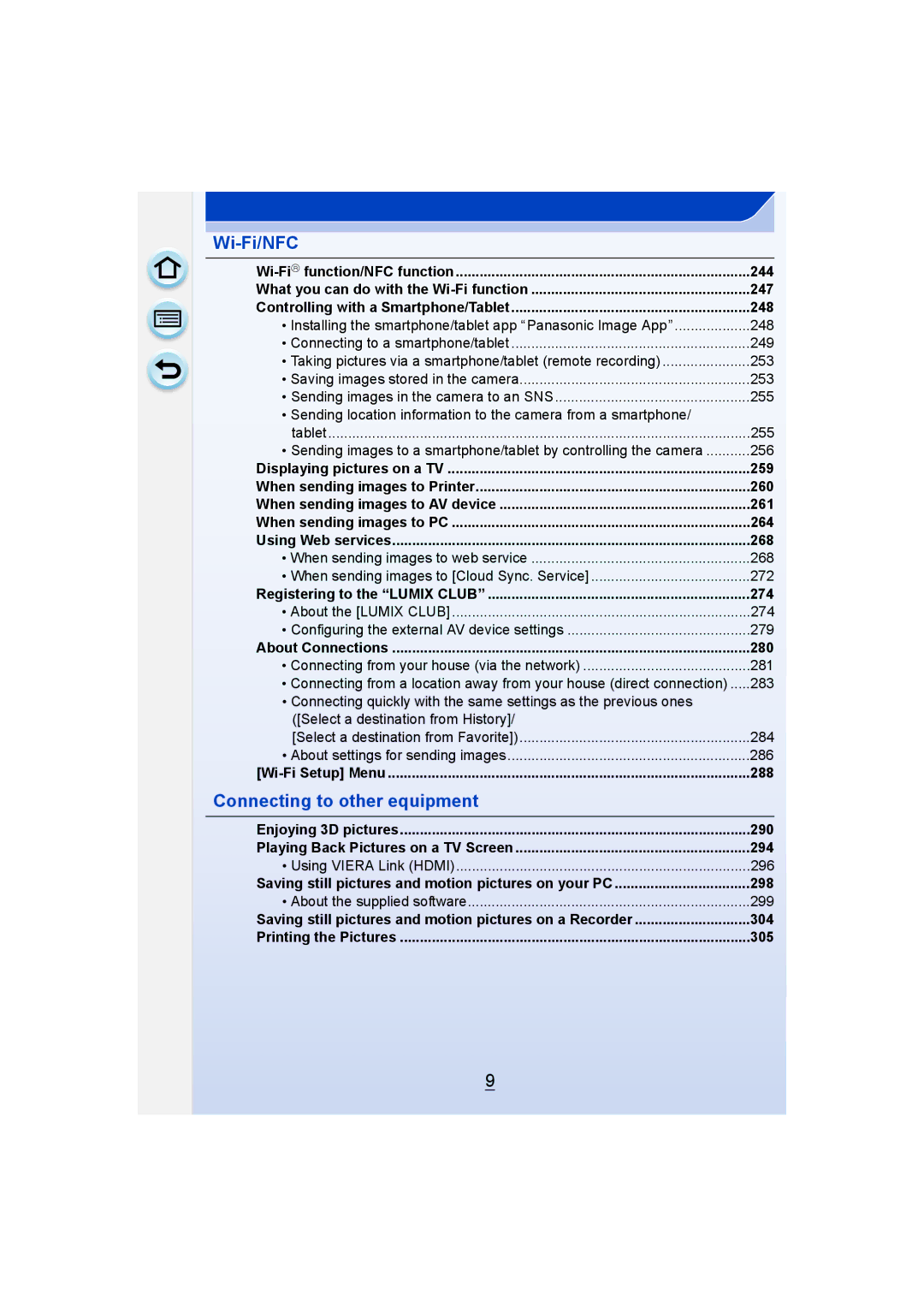 Panasonic DMC-G6 owner manual Registering to the Lumix Club 274, About Connections 280, Wi-Fi Setup Menu 288 