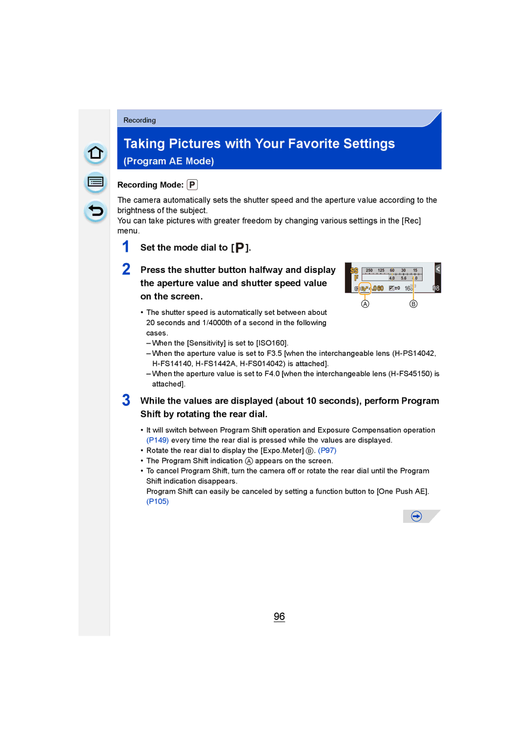 Panasonic DMC-G6 owner manual Taking Pictures with Your Favorite Settings, Program AE Mode 