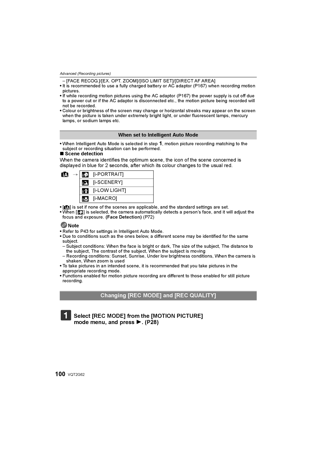 Panasonic DMC-GF1K Changing REC Mode and REC Quality, When set to Intelligent Auto Mode, Scene detection 