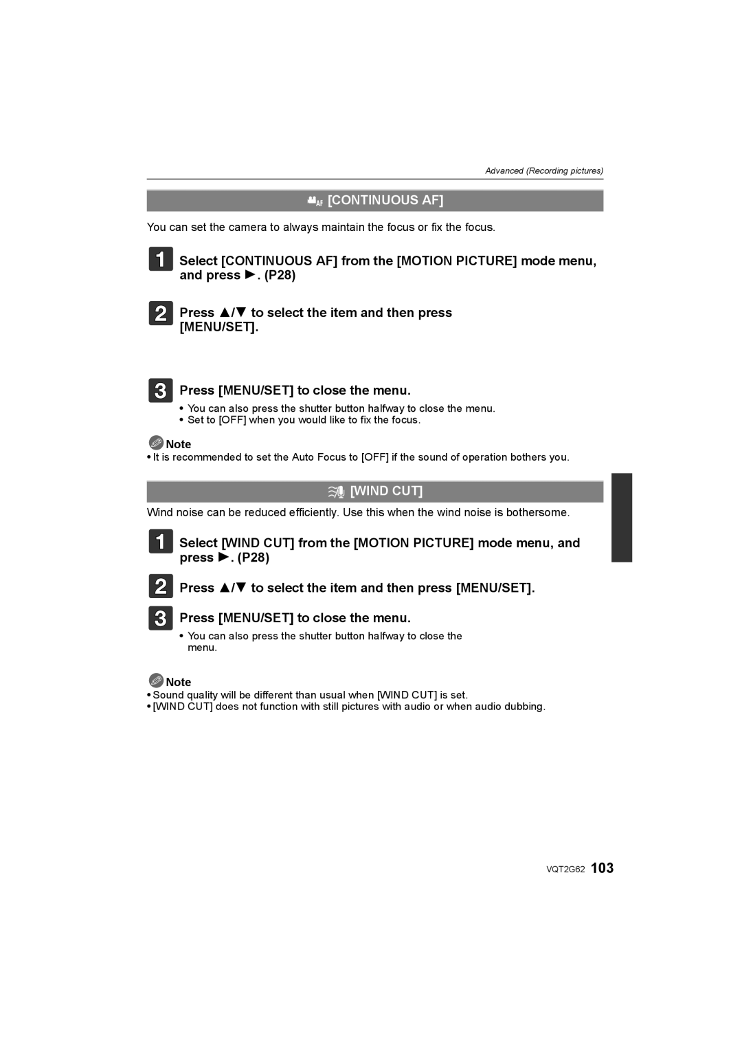 Panasonic DMC-GF1K operating instructions Continuous AF, Wind CUT 