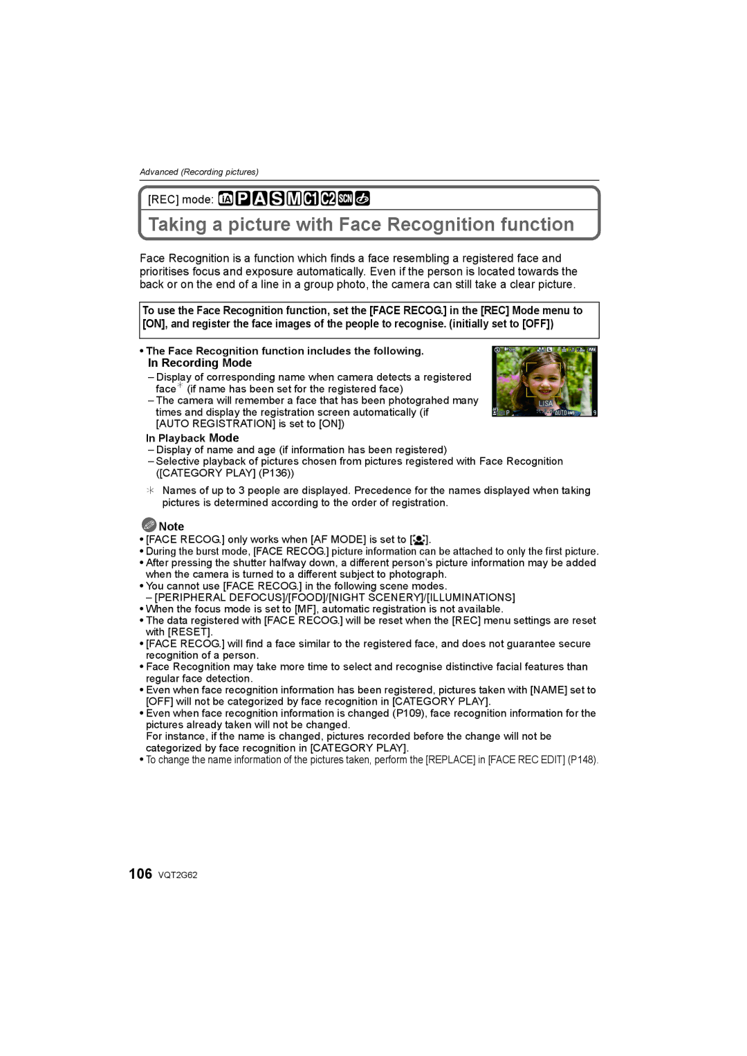 Panasonic DMC-GF1K operating instructions Taking a picture with Face Recognition function, Playback Mode 