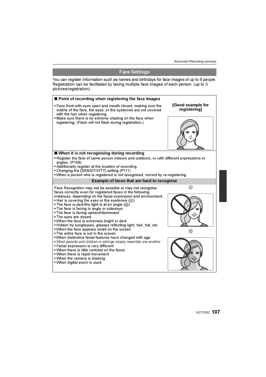 Panasonic DMC-GF1K operating instructions Face Settings, Point of recording when registering the face images 