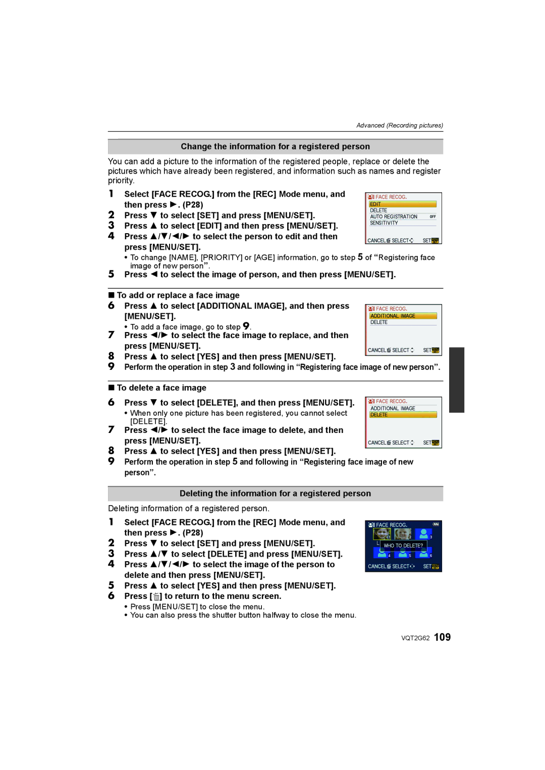 Panasonic DMC-GF1K Change the information for a registered person, Deleting information of a registered person 