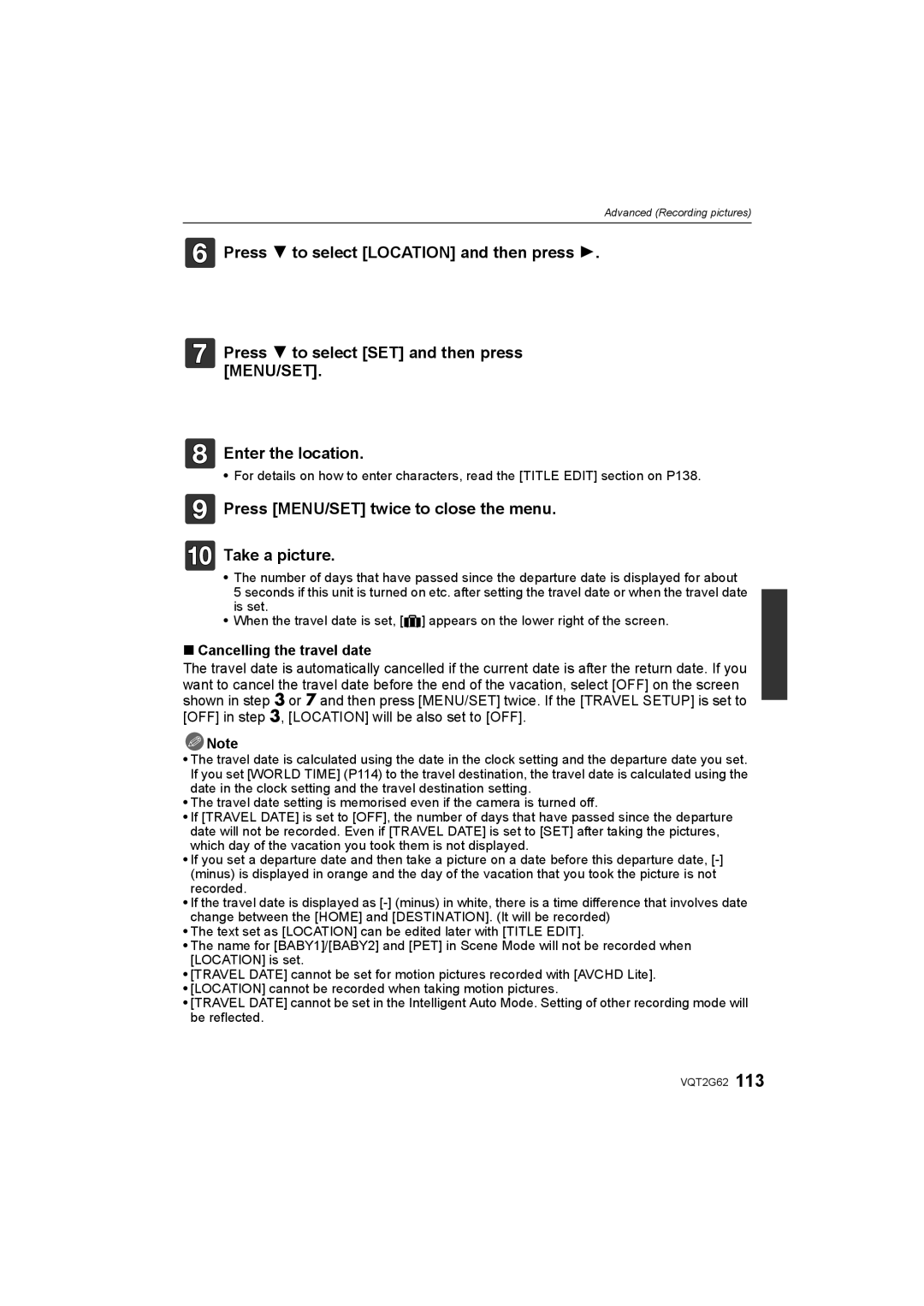 Panasonic DMC-GF1K operating instructions Press MENU/SET twice to close the menu Take a picture, Cancelling the travel date 