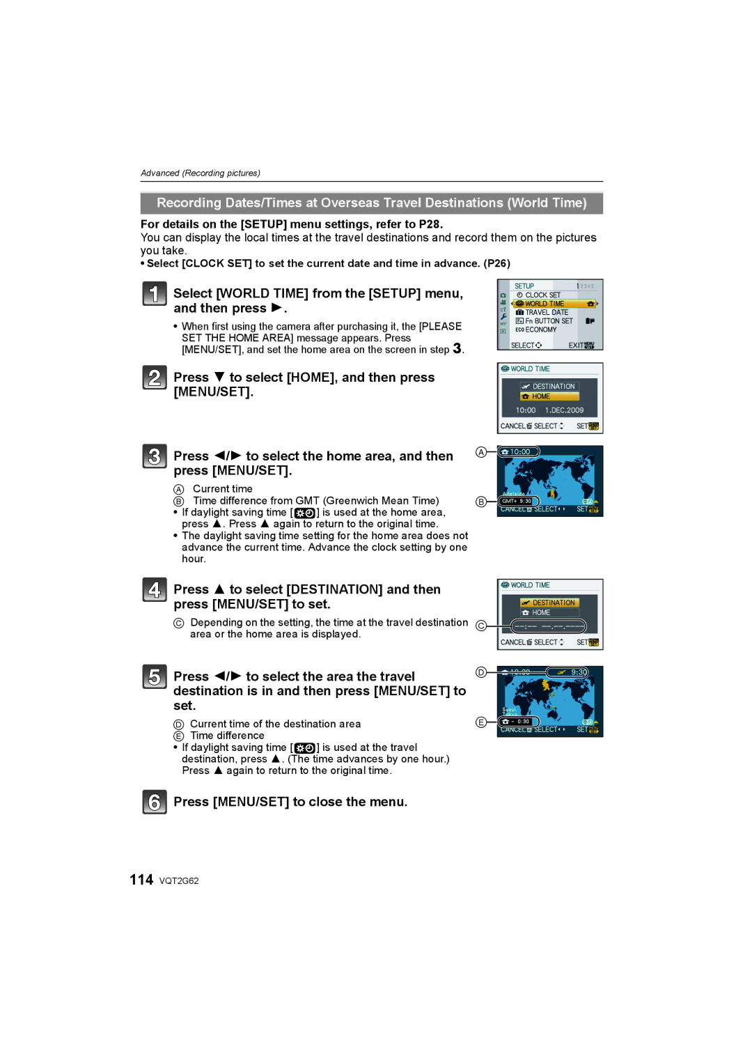 Panasonic DMC-GF1K operating instructions Select World Time from the Setup menu, and then press 