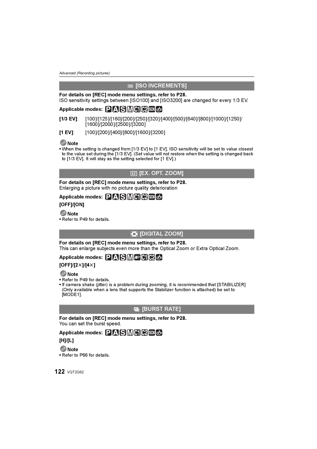 Panasonic DMC-GF1K operating instructions ISO Increments, EX. OPT. Zoom, Digital Zoom, Burst Rate 